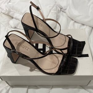 Schutz "Amaia" Heeled Brown Leather Sandals - Size 6.5